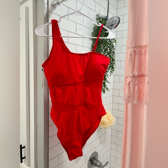 Red Dress Boutique Other - Gorgeous red mesh detail one shoulder adjustable removable strap one piece swim